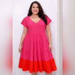 Peyton & Parker Womens 2X V-Neck Tiered A-Line Pink & Red Color Block Long Dress